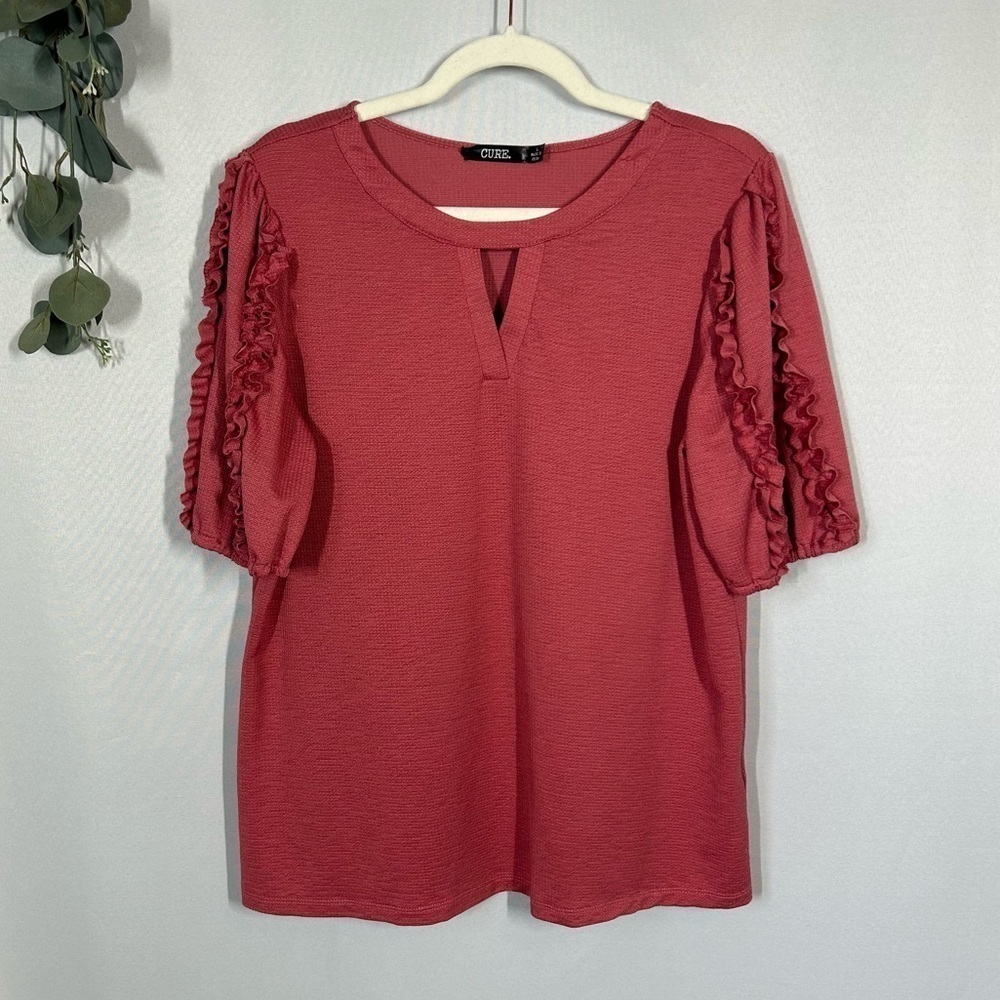 Cure | Pink Blouse Short Sleeve Ruffles Women's Size Large